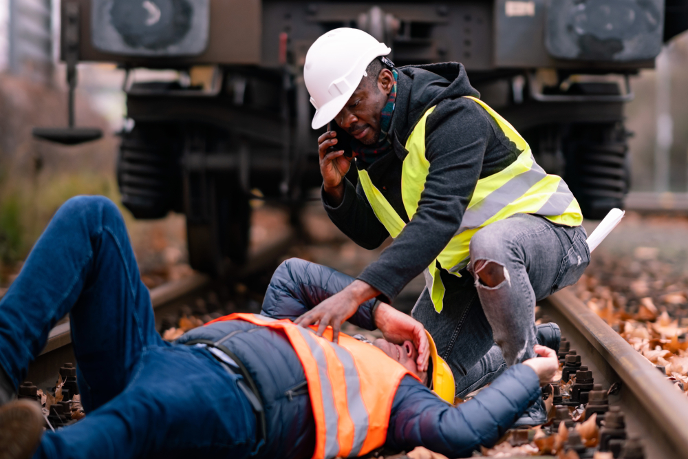 railroad engineer injured in an accident at work on the railway tracks