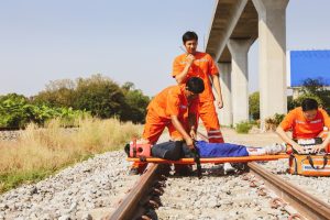 Team volunteer staff field staff prepare field stretchers and first aid equipment
