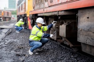 Young caucasian engineer man maintenance and repair train diesel engine in statio